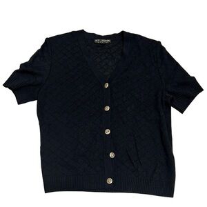 St. John Basics Short Sleeve Knit Cardigan | Size L | Black Gold Button Front